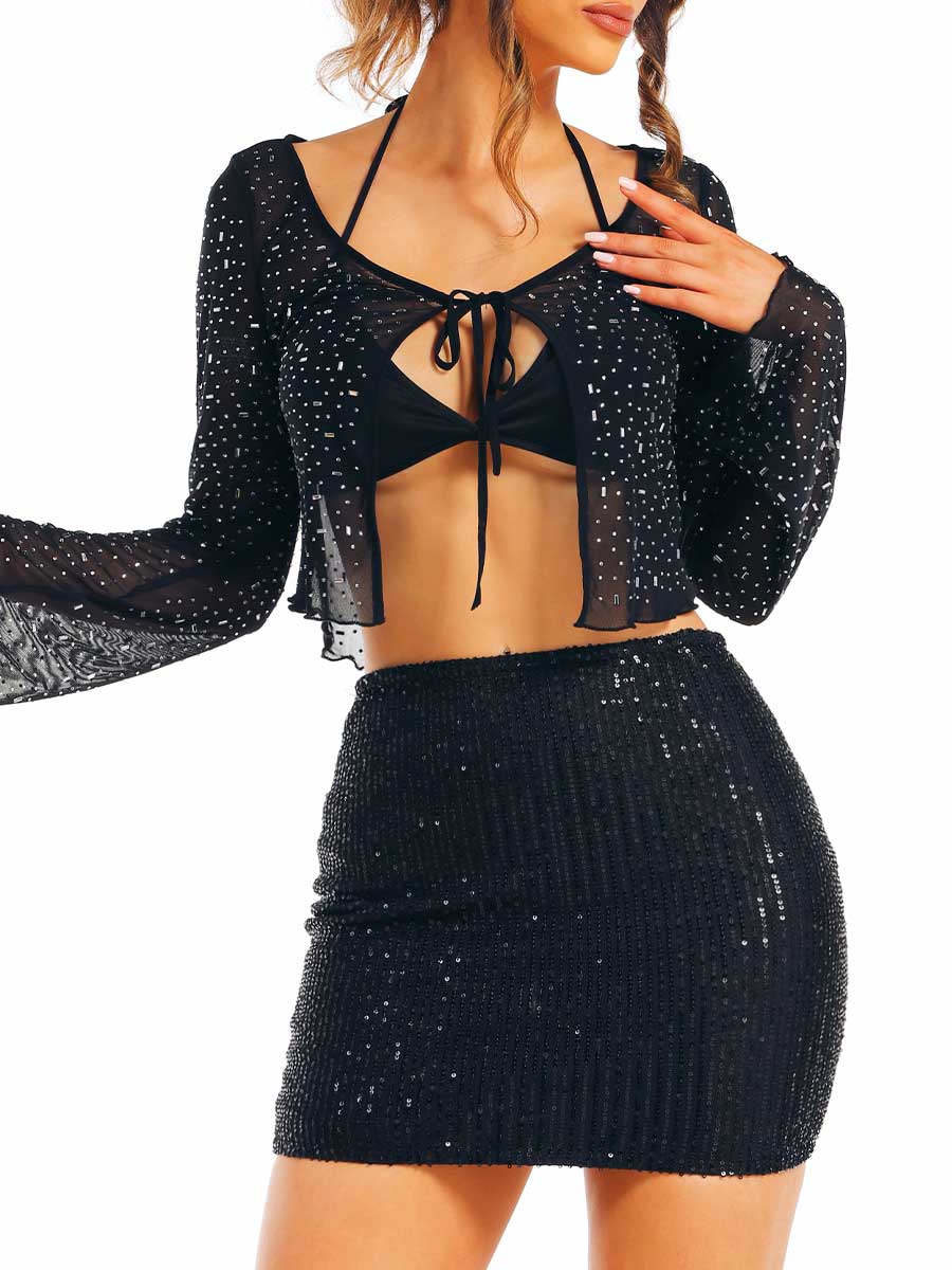 Black Rhinestone Top and Sequin Skirt Set