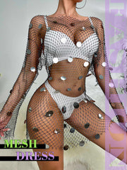 Silver Disc Black Mesh Crystal Dress
