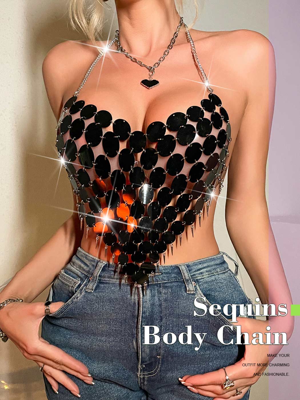 Black Round Sequin Halter Tank Top