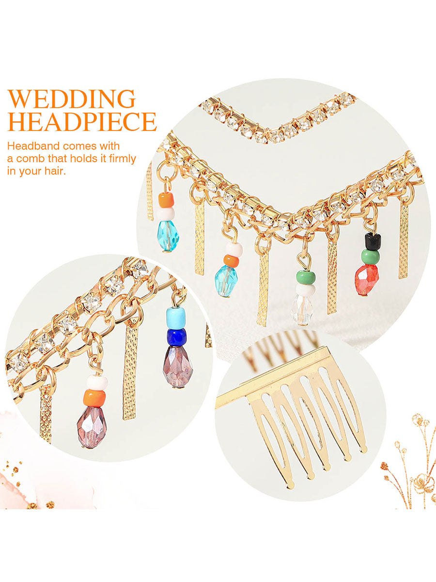 Rhinestone Crown with Colorful Beads & Swinging Tassels