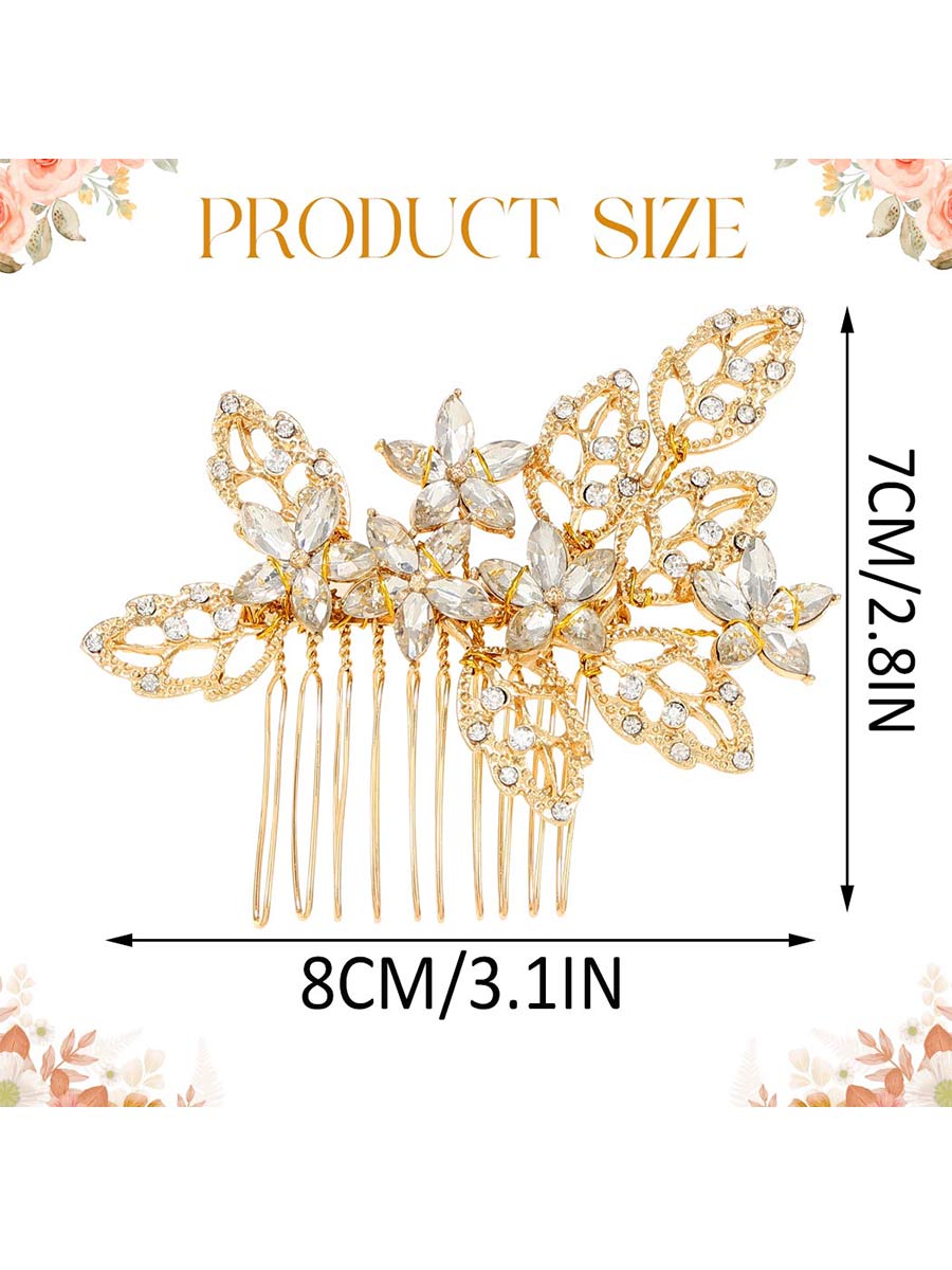 Crystal Decorated Gold Flower and Leaf Shaped Side Comb