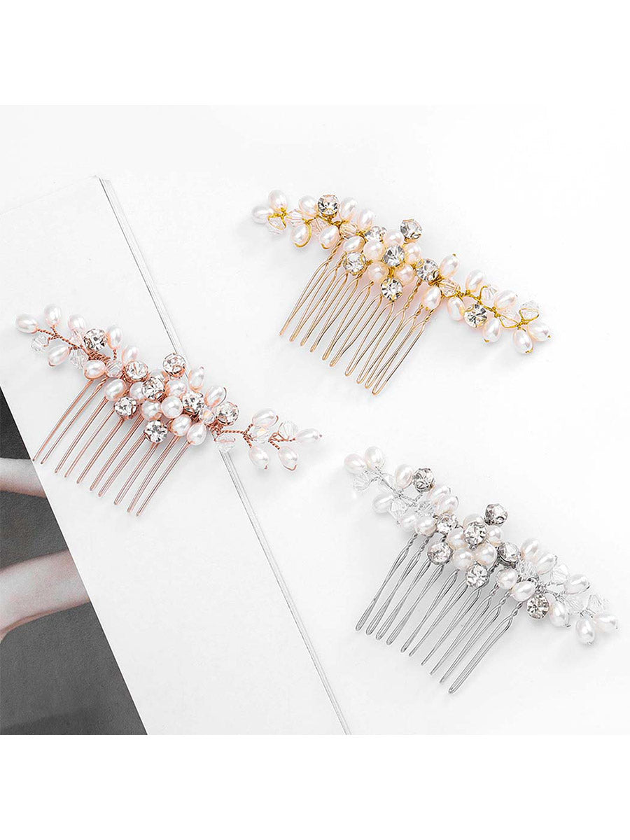 Silver Hair Comb with Pearls and Rhinestones