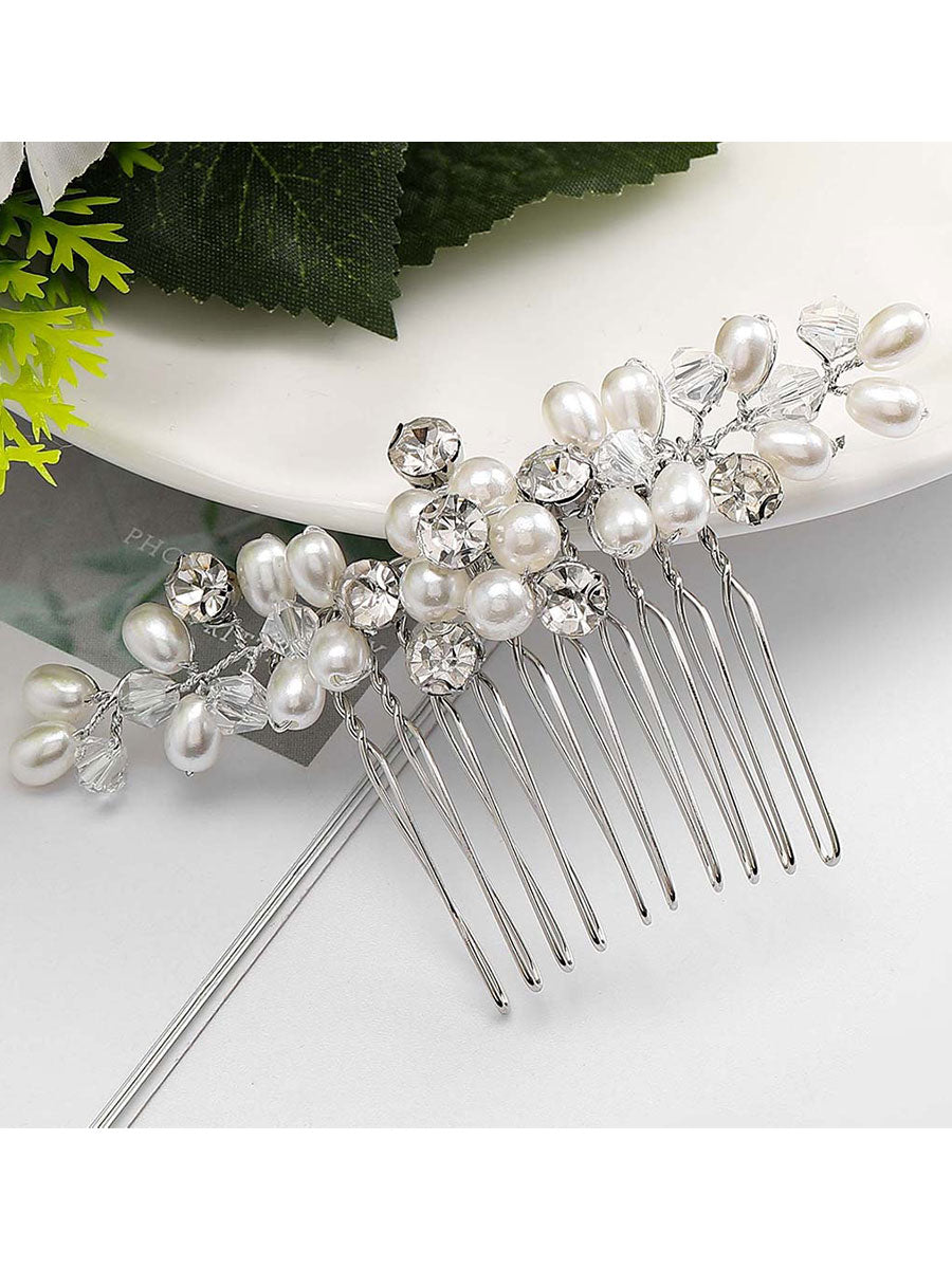 Silver Hair Comb with Pearls and Rhinestones