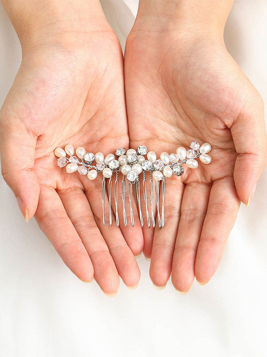 Silver Hair Comb with Pearls and Rhinestones