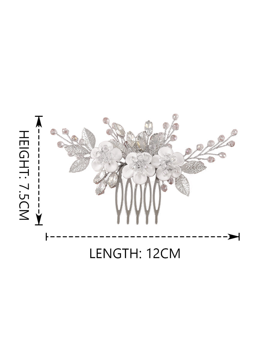 White Flower Silver Leaf Opal Rhinestone Hair Comb