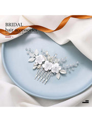 White Flower Silver Leaf Opal Rhinestone Hair Comb