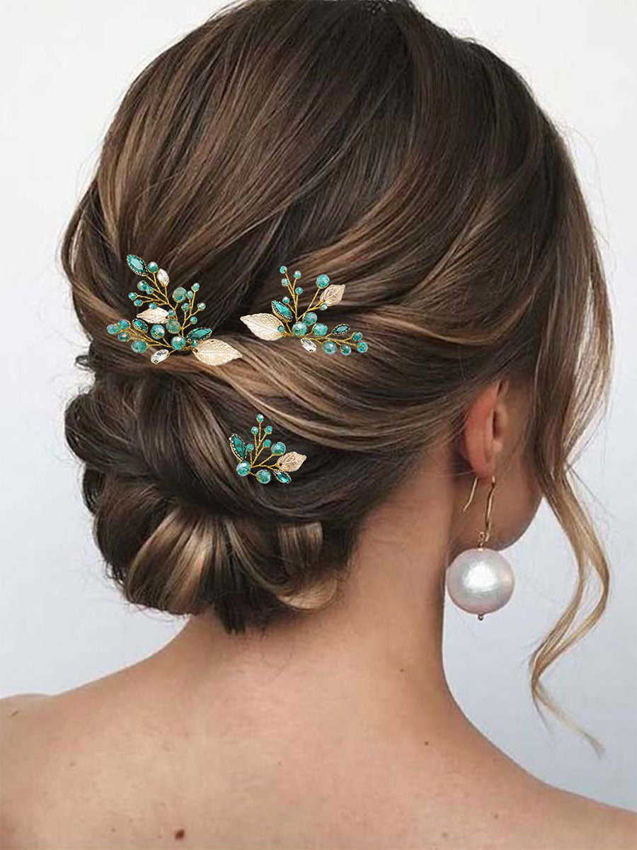 3-Pack Emerald Green Rhinestone Gold Foil Hairpins
