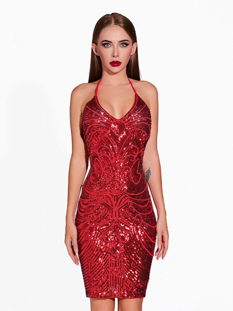 Backless V-Neck Fitted Sequin Latin Dance Dress
