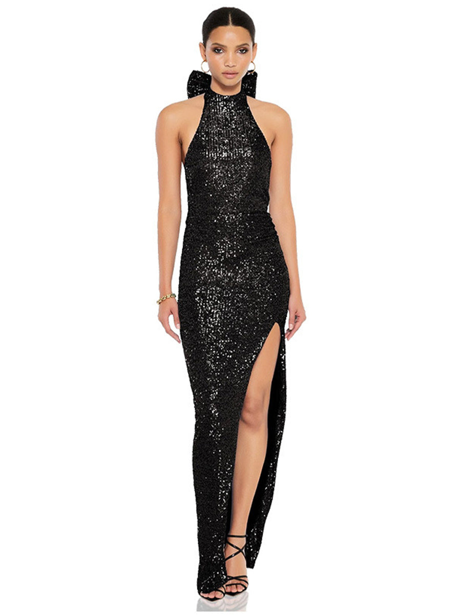 Sequin Halter Backless Party Dress with Statement Bow