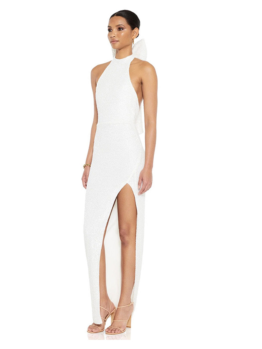 Sequin Halter Backless Party Dress with Statement Bow