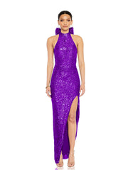 Sequin Halter Backless Party Dress with Statement Bow