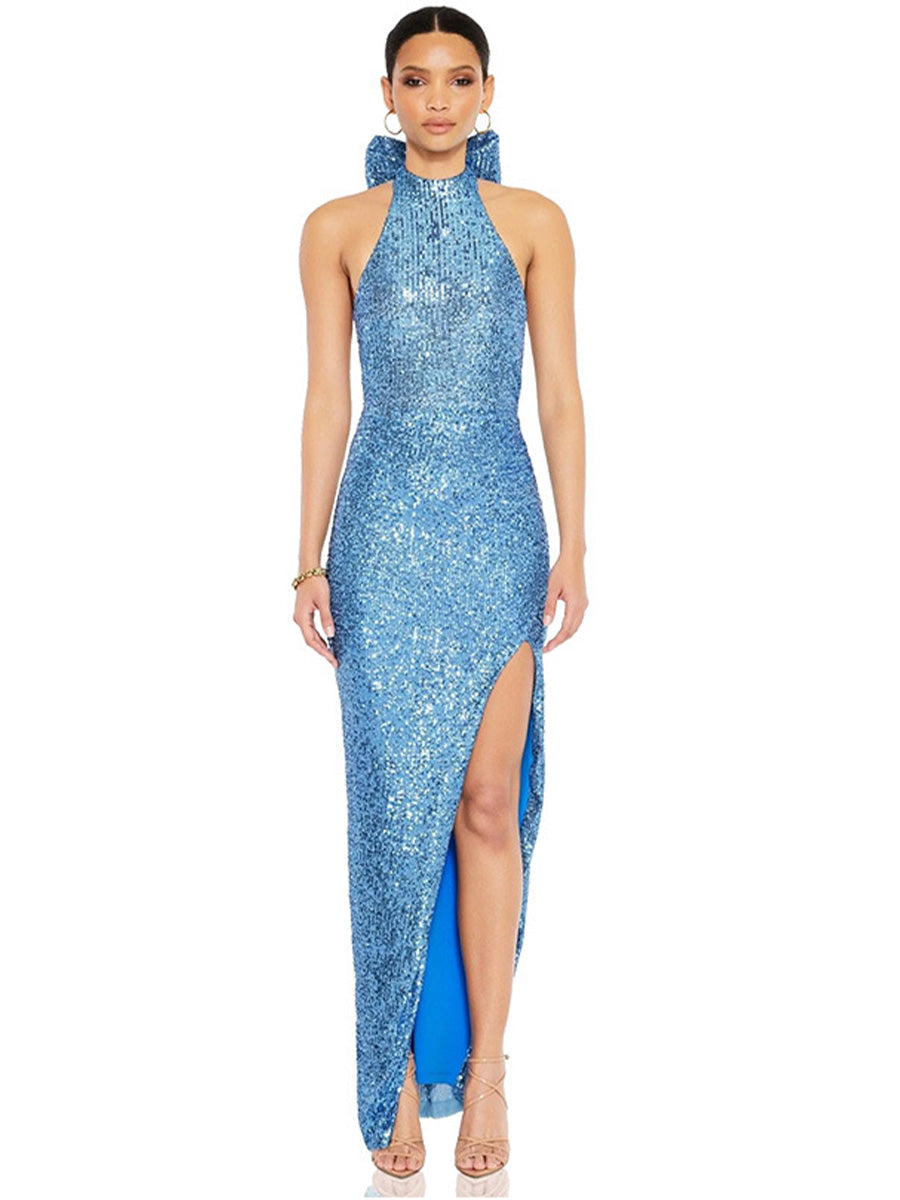 Sequin Halter Backless Party Dress with Statement Bow
