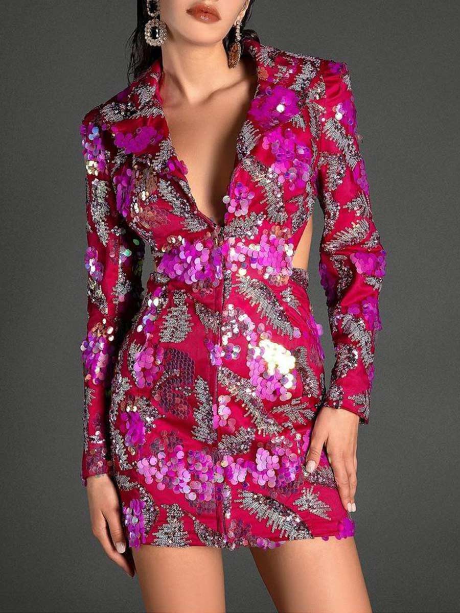 Deep V Backless Sequin Blazer Bodycon Dress