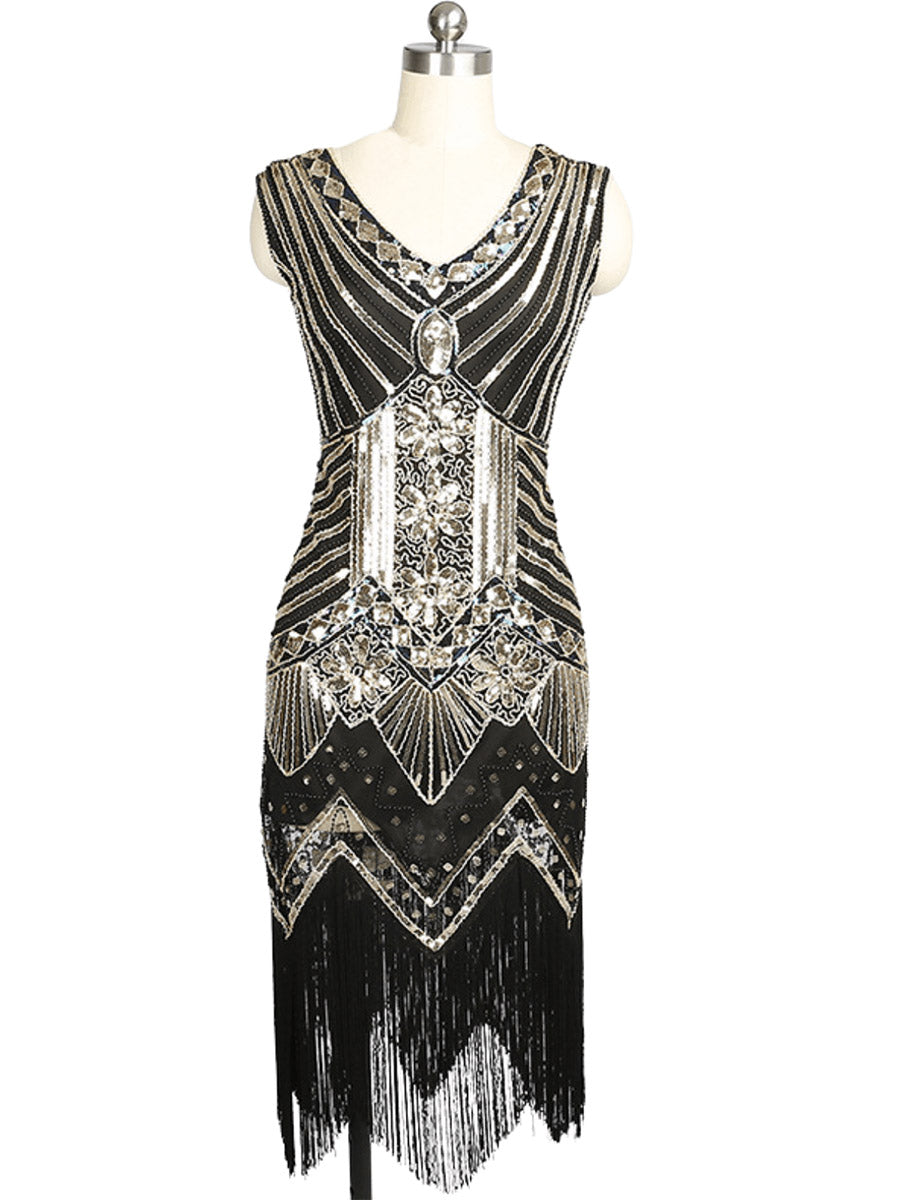 Embroidered 1920s Beaded Sequin Fringe Gown