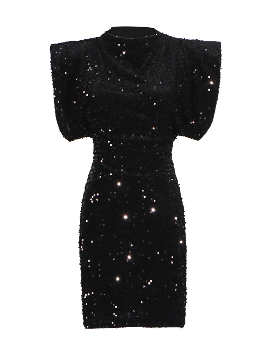 Black Padded Shoulder Fitted Sequin Bodycon Dress