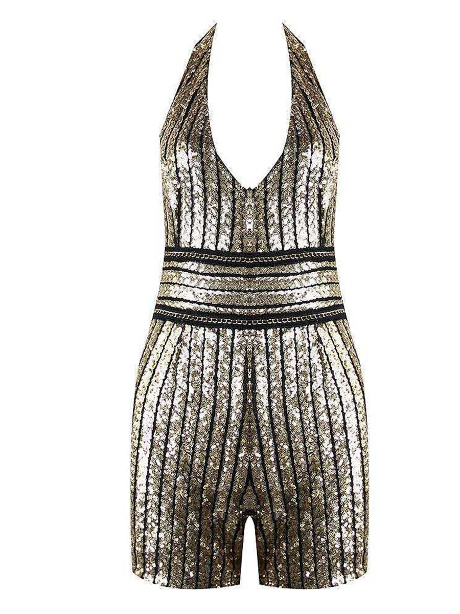 Fashion V-Neck Belted Waist Sequin Jumpsuit