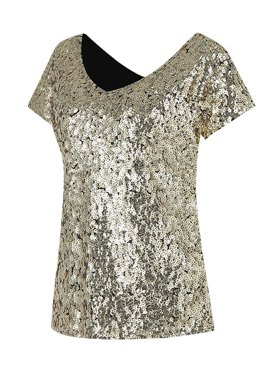 Gradient Sequin Short-Sleeve V-Neck Slim Fit T-Shirt
