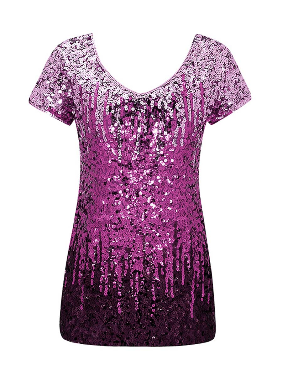 Gradient Sequin Short-Sleeve V-Neck Slim Fit T-Shirt