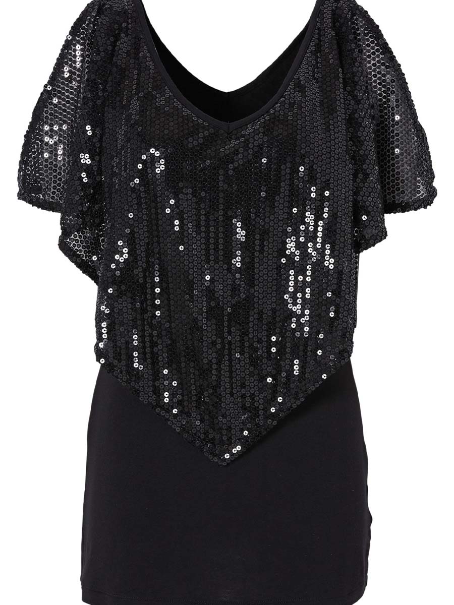 Sequin V-Neck Cape Sleeve T-Shirt