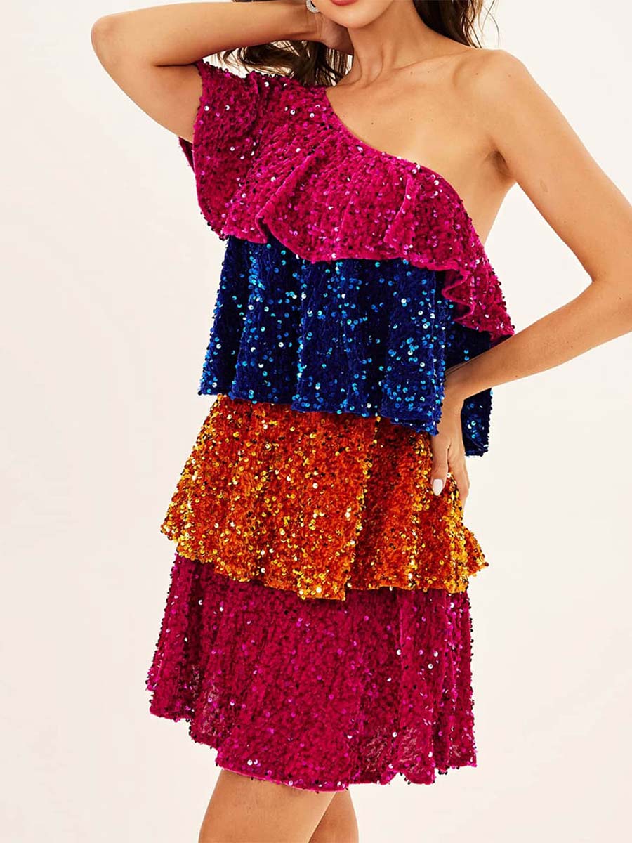 One-Shoulder Colorful Sequin Patchwork Tiered Dress