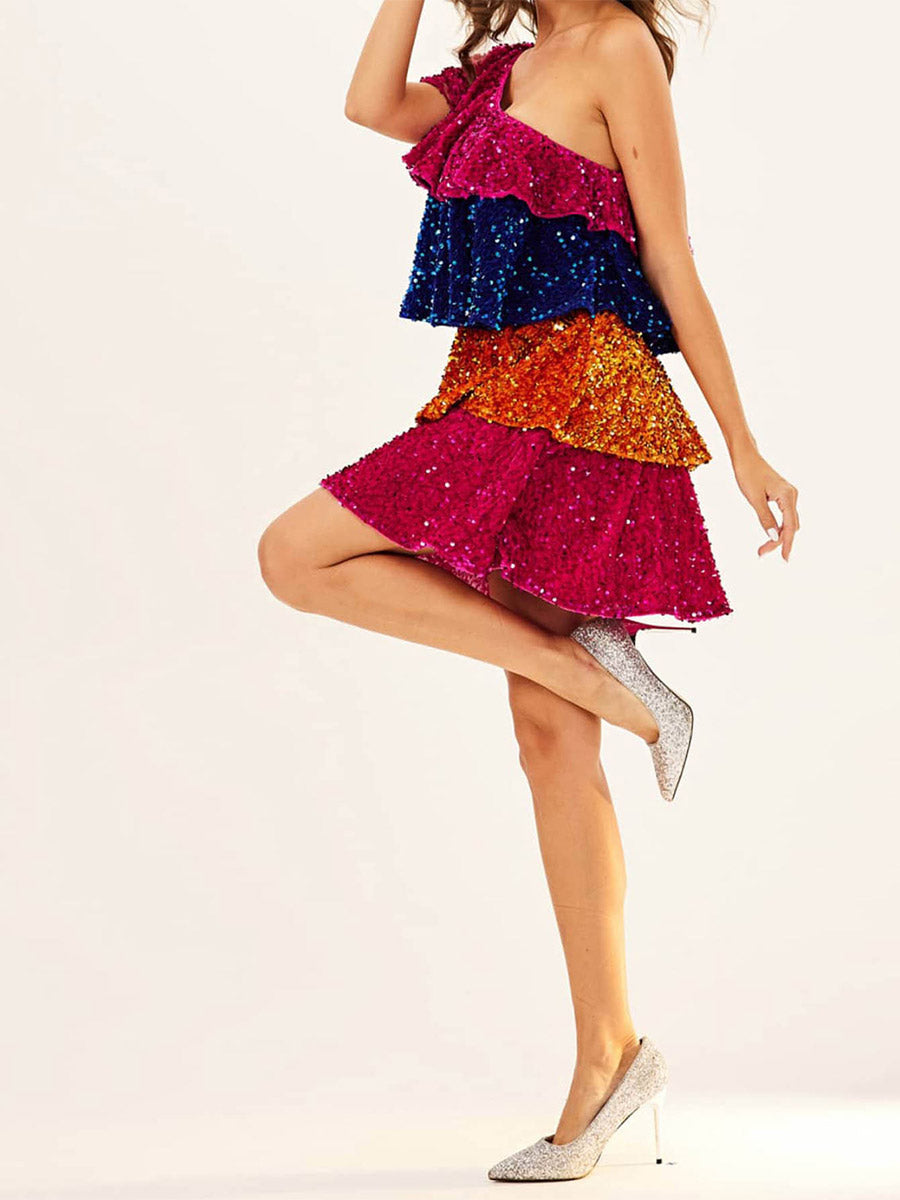 One-Shoulder Colorful Sequin Patchwork Tiered Dress
