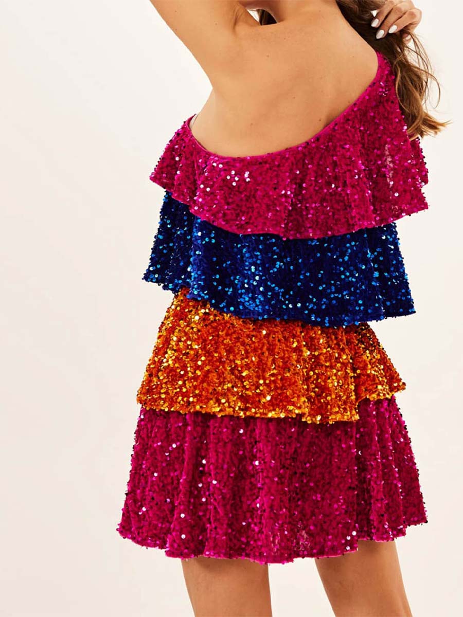 One-Shoulder Colorful Sequin Patchwork Tiered Dress