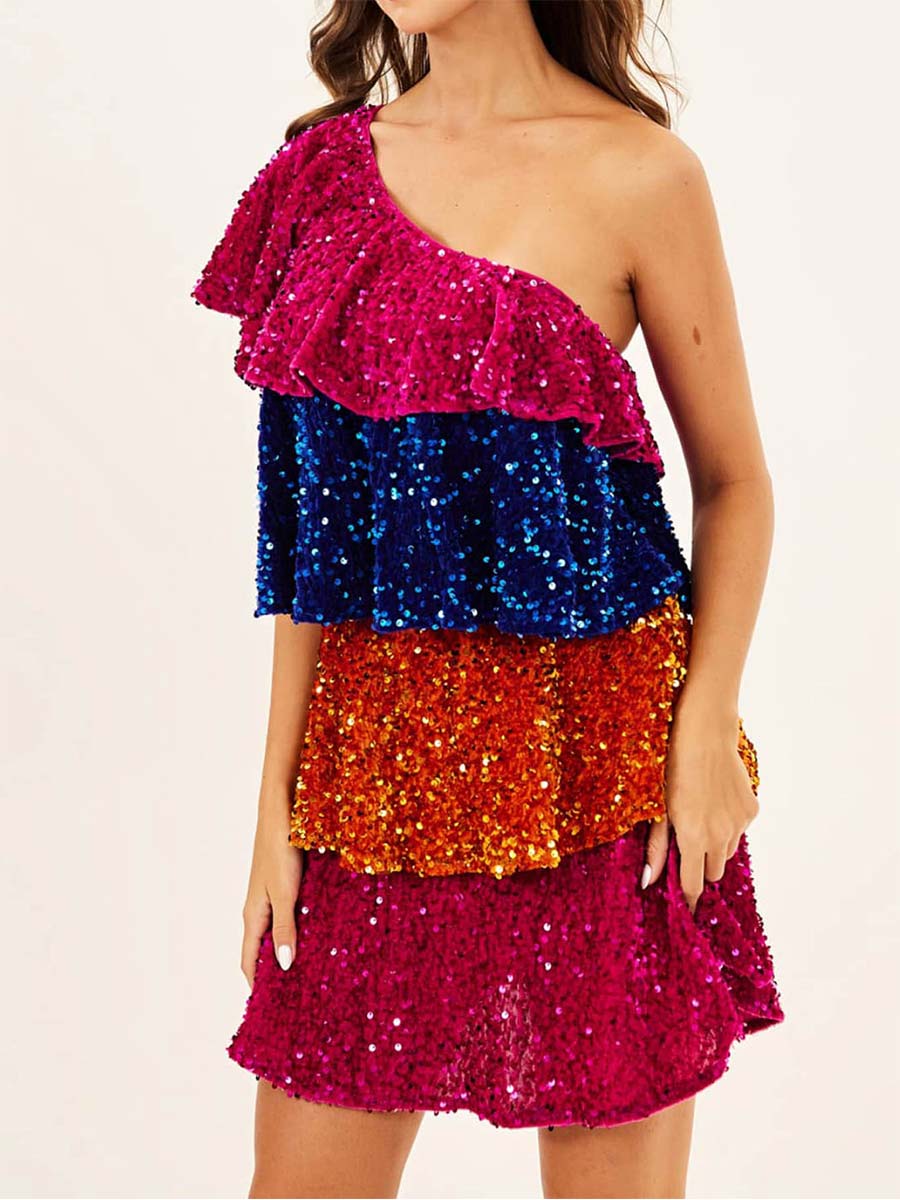 One-Shoulder Colorful Sequin Patchwork Tiered Dress