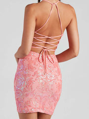 Party Pink Sequin Embroidered Bodycon Gown