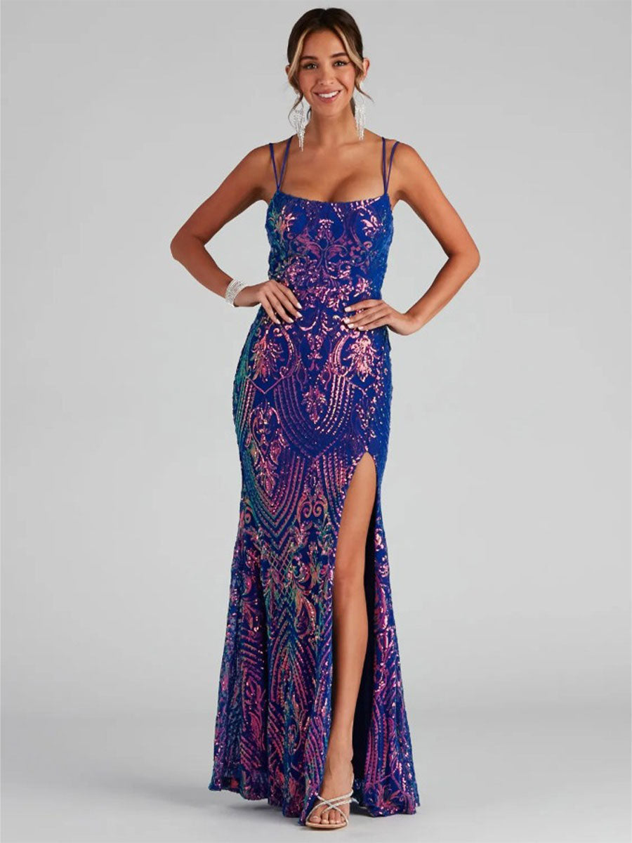 Long High-Slit Sequin Spaghetti Strap Evening Gown