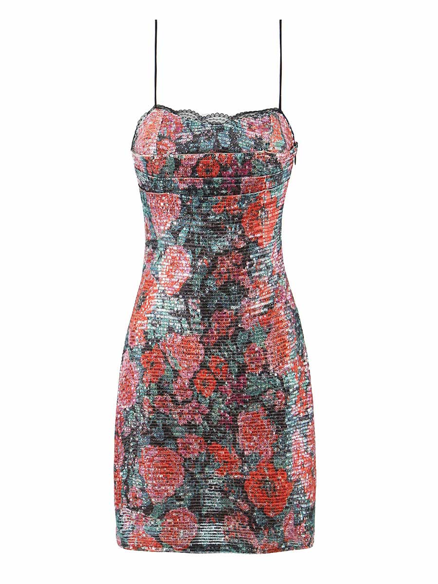 French Vintage Rose Sequin Spaghetti Strap Dress