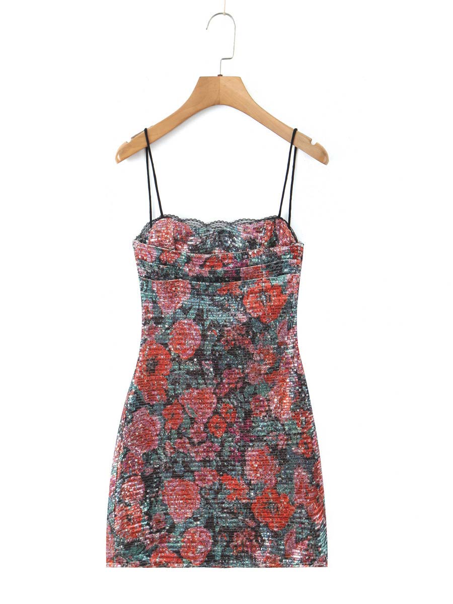 French Vintage Rose Sequin Spaghetti Strap Dress