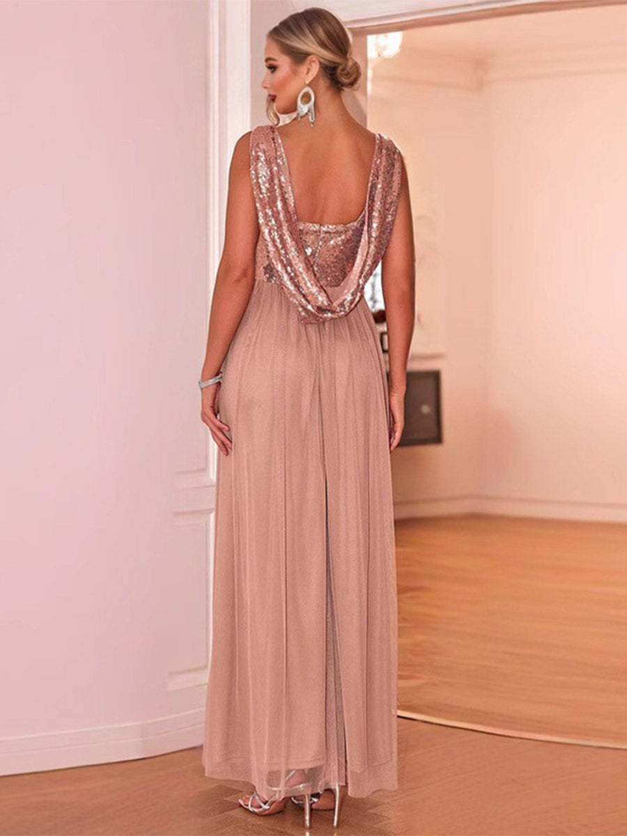 Sleeveless V-Neck Sequin Chiffon Patchwork Evening Gown
