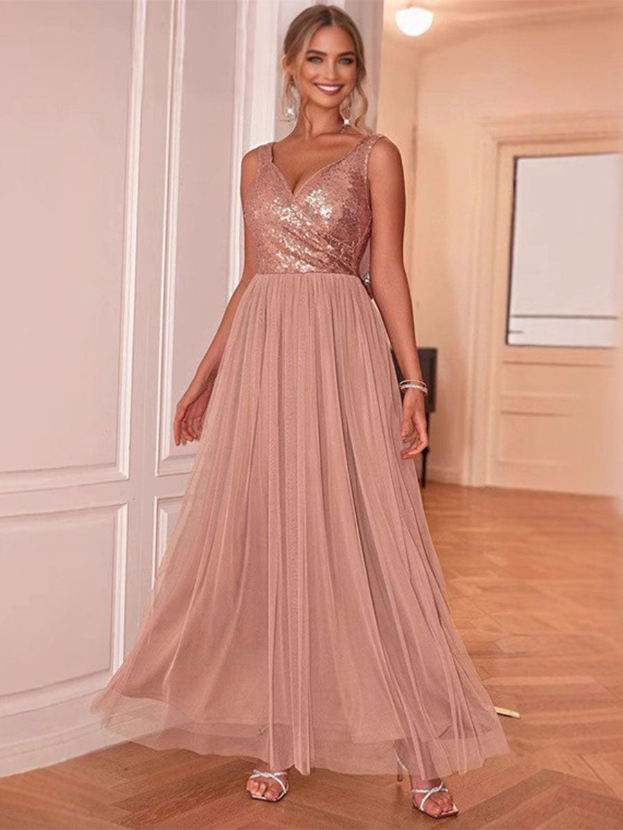 Sleeveless V-Neck Sequin Chiffon Patchwork Evening Gown