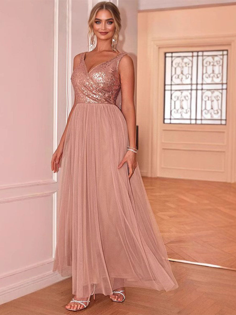 Sleeveless V-Neck Sequin Chiffon Patchwork Evening Gown