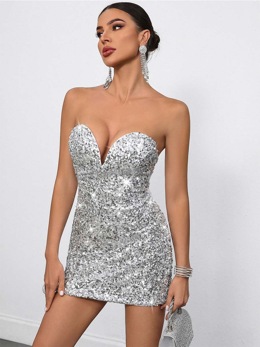 Sexy Deep V-Neck Strapless Bodycon Sequin Party Mini Dress