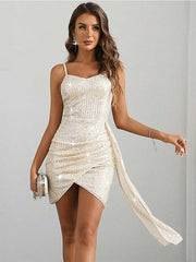 Wrap Sequin Spaghetti Strap Silver Party Dress