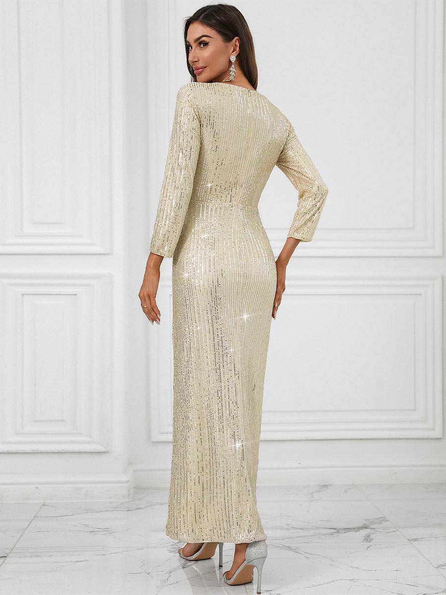 Wrap Sequin Deep V-Neck Long-Sleeve Maxi Dress
