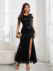Sequin Maxi Gown with Flowing Sleeves and High Slit
