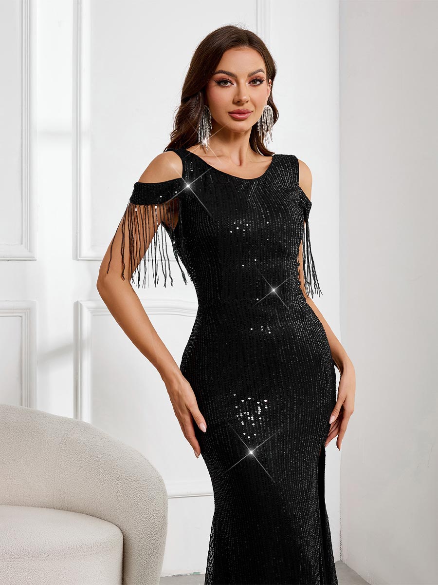 Sequin Maxi Gown with Flowing Sleeves and High Slit