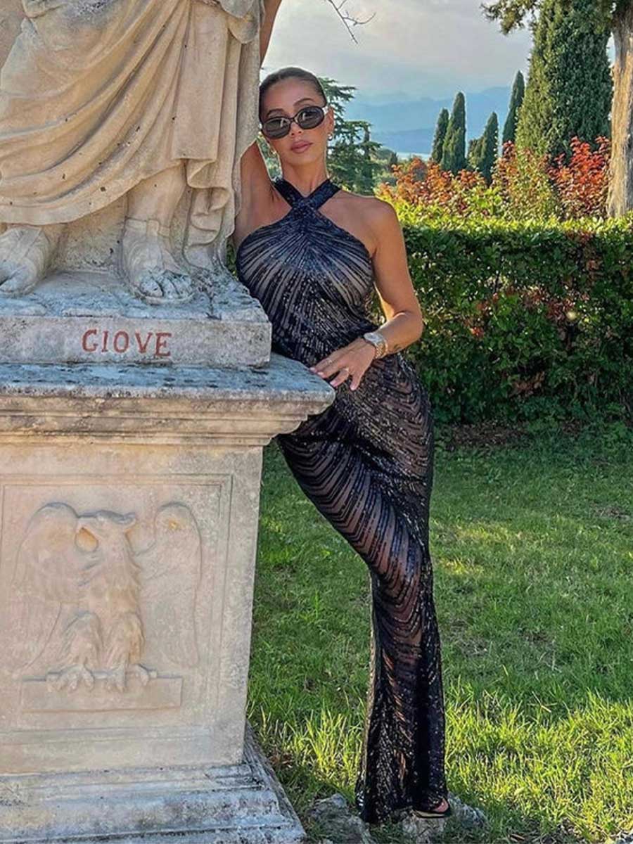 Black Sequin Strapless Slip Party Maxi Gown
