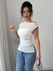 Sequin Asymmetrical Neck Ruched Hem Summer T-Shirt