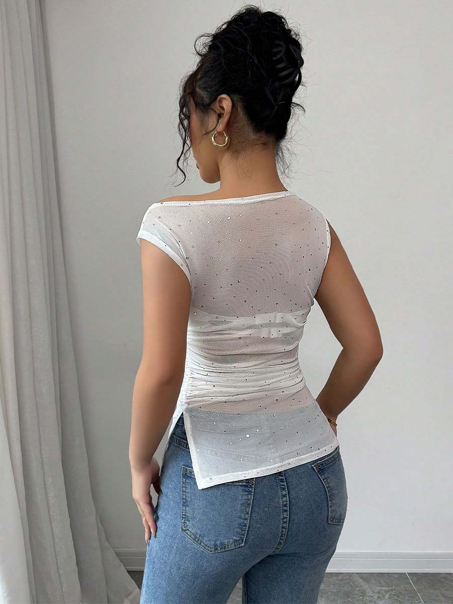 Sequin Asymmetrical Neck Ruched Hem Summer T-Shirt