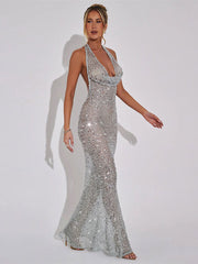 Slim-Fit Sequin Deep V-Neck Halter Backless Evening Gown