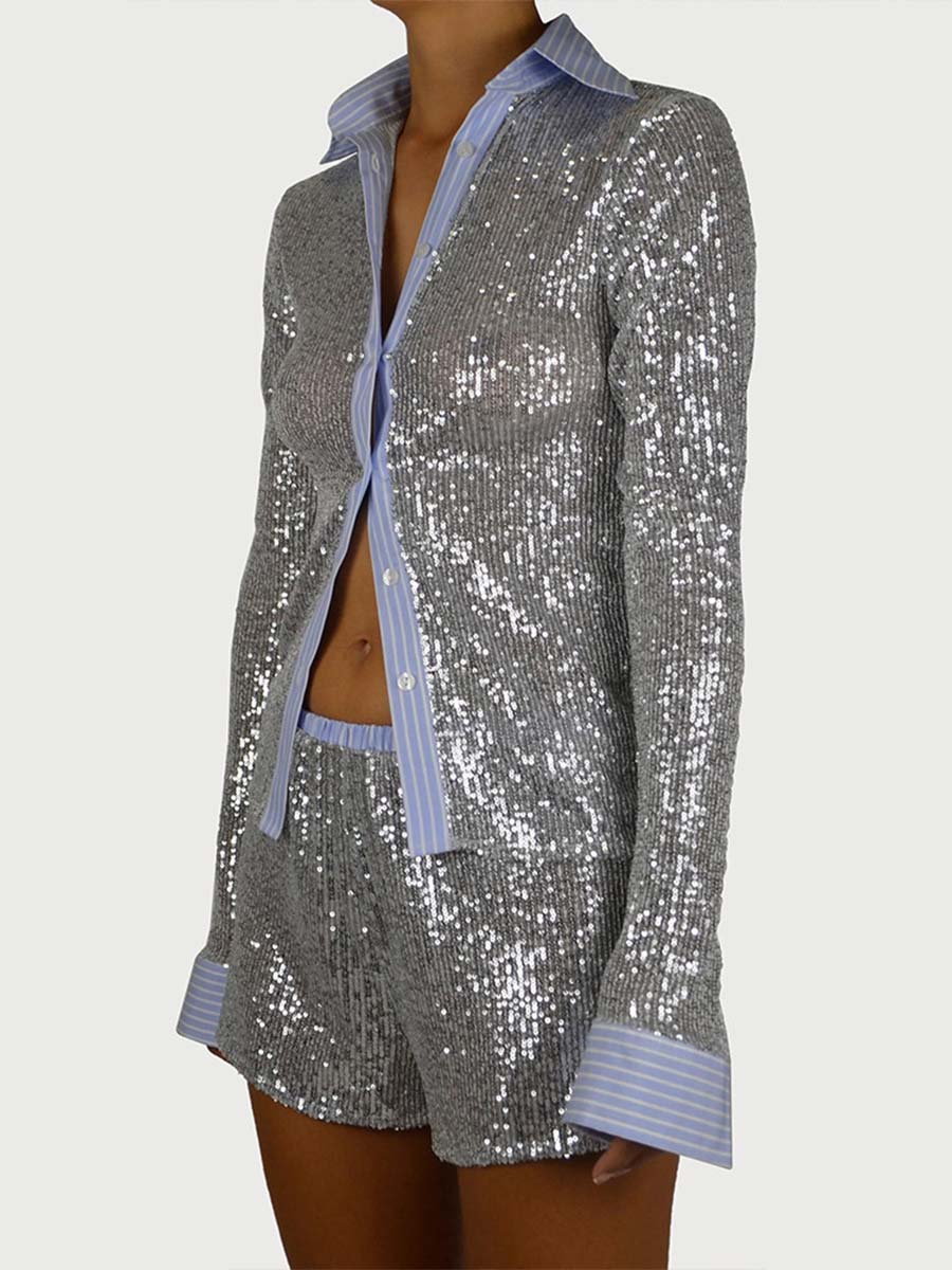 Summer Sequin Shirt and Slim Shorts Casual Set