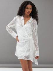 Loose Sequin Mesh Lapel Tie-Waist Mini Dress
