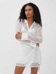 Loose Sequin Mesh Lapel Tie-Waist Mini Dress