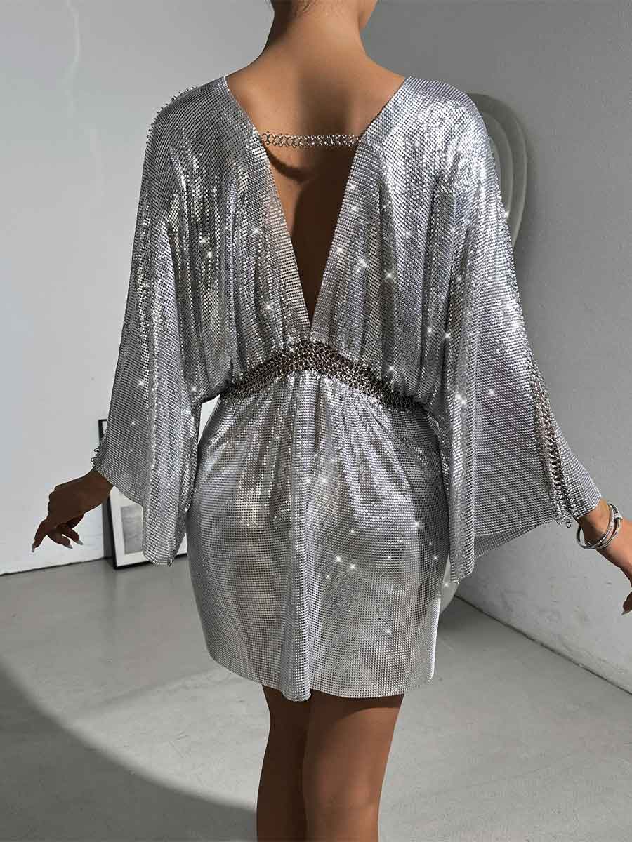 Loose Metallic Sequin V-Neck Dress