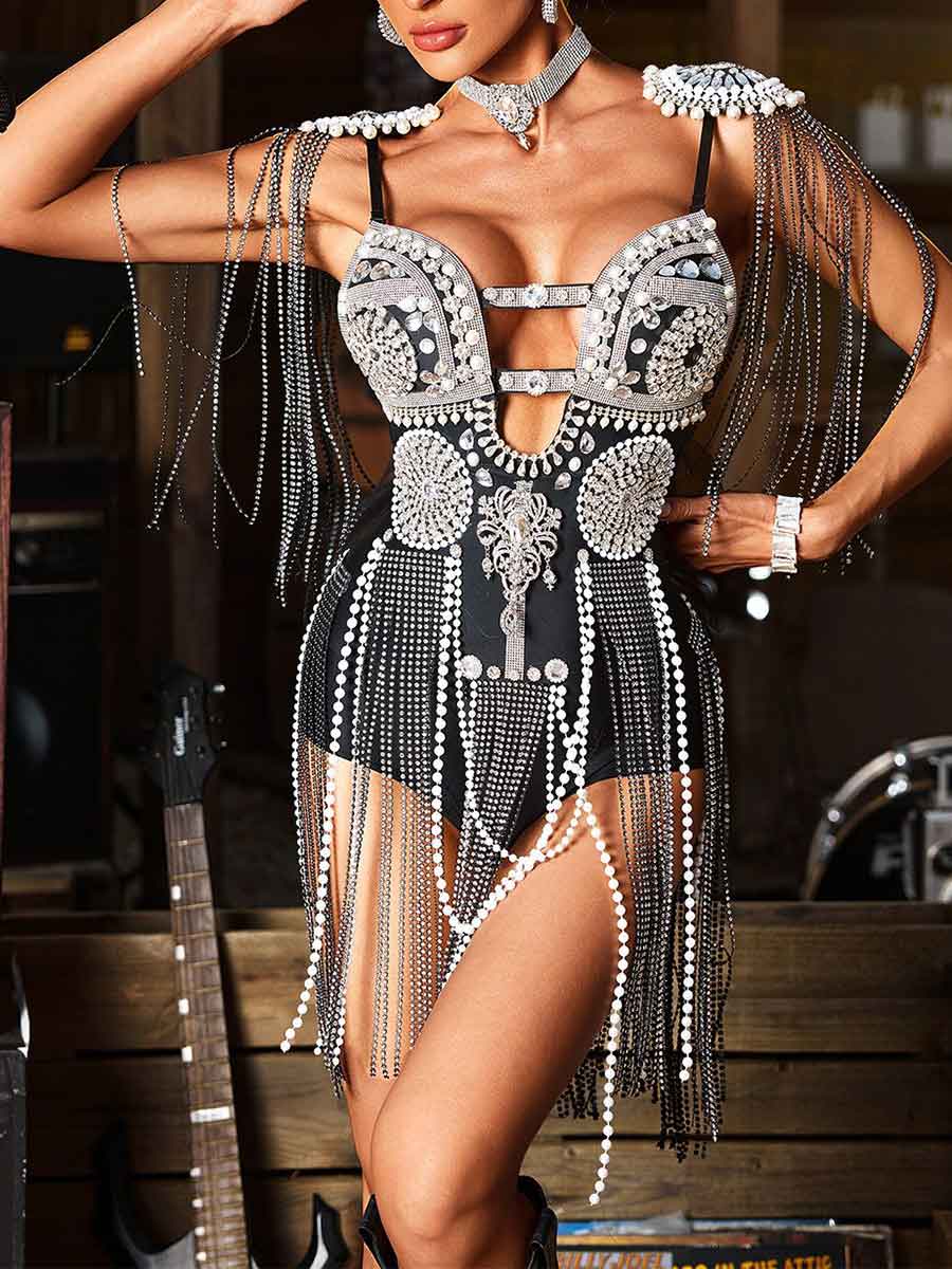 Rhinestone Fringe Cut-Out Bodysuit (Luxury)