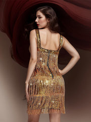 Solid Color Sequin Fringe Spaghetti Strap Party Dress