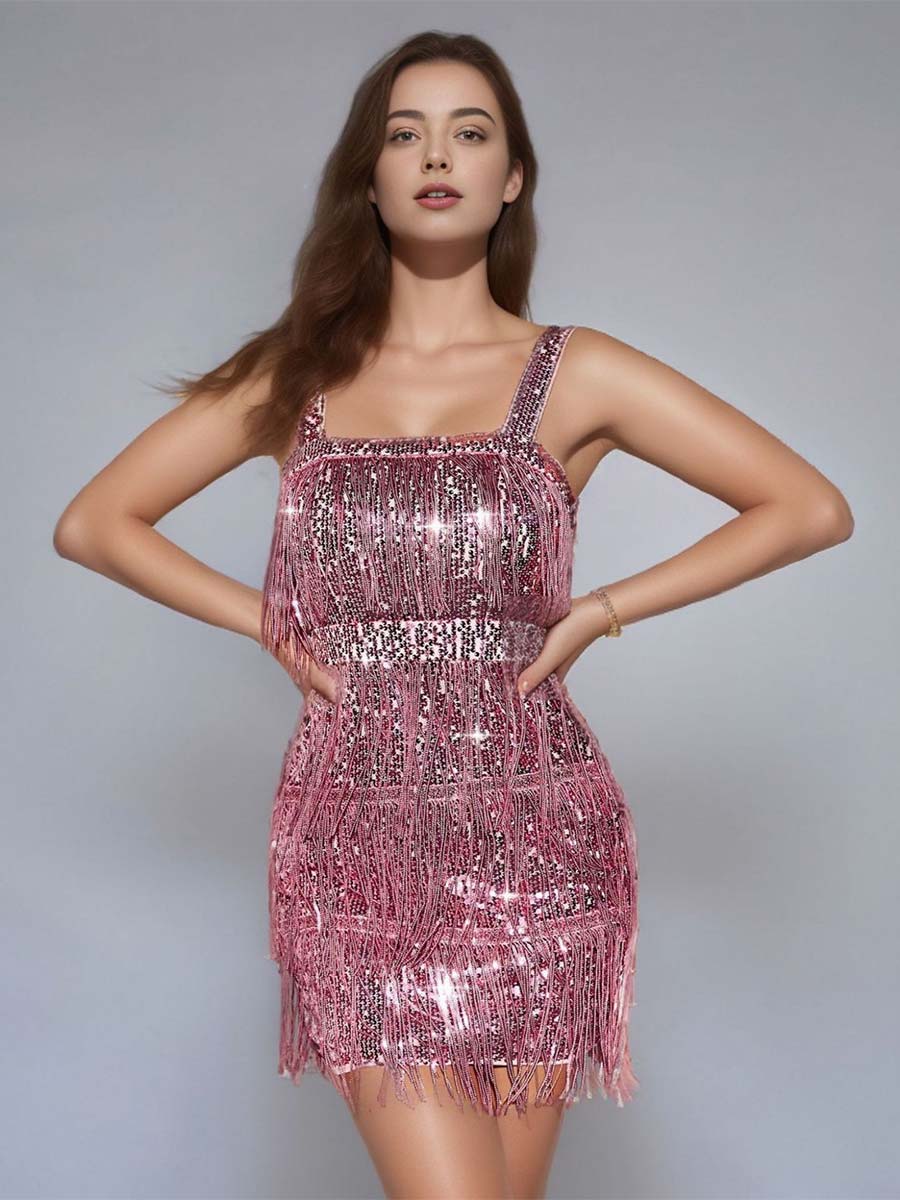 Solid Color Sequin Fringe Spaghetti Strap Party Dress